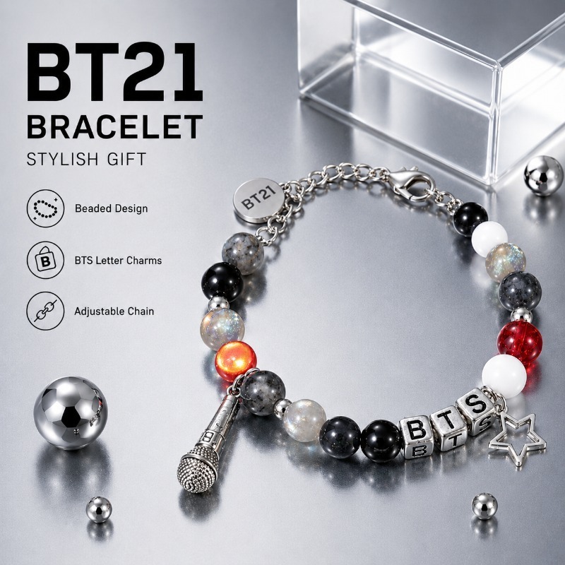 BT21 Black Red Beaded Bracelet - Jewelry Making Parts ulasan dan harga