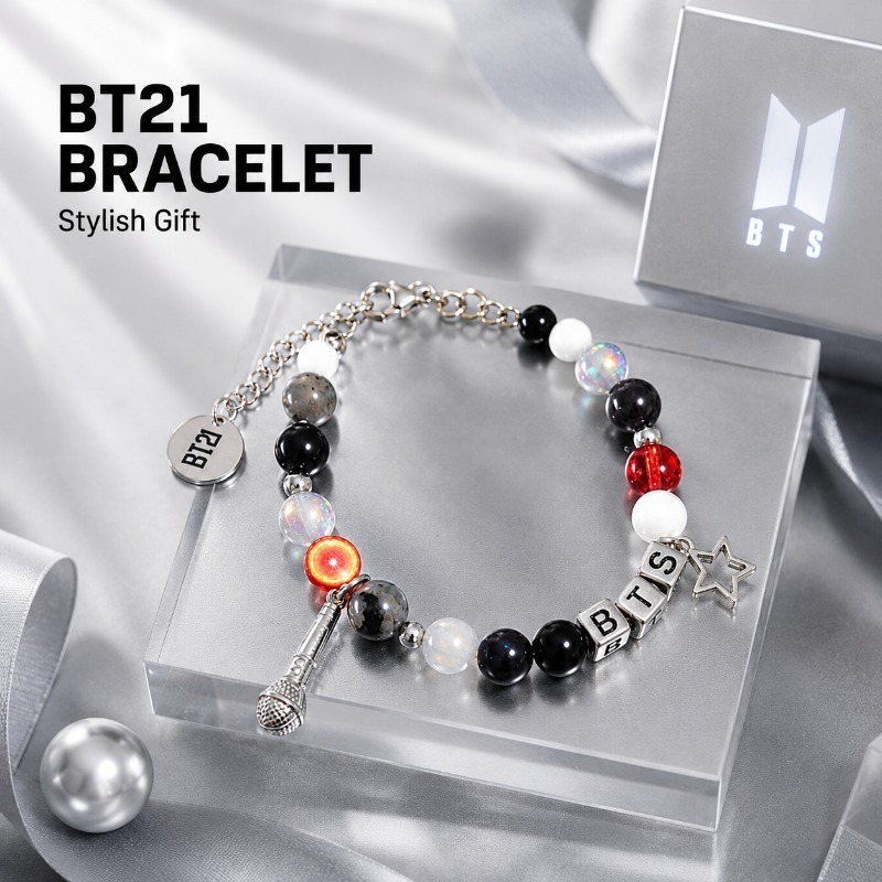 BT21 Black Red Beaded Bracelet - Jewelry Making Parts ulasan dan harga