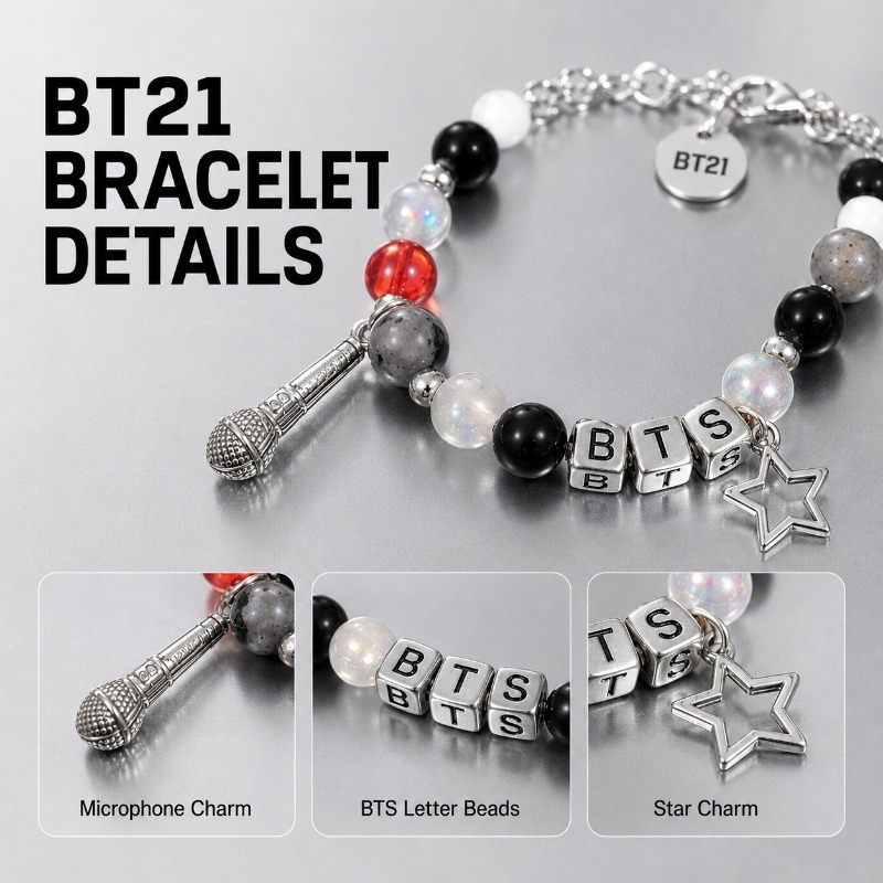 BT21 Black Red Beaded Bracelet - Jewelry Making Parts ulasan dan harga