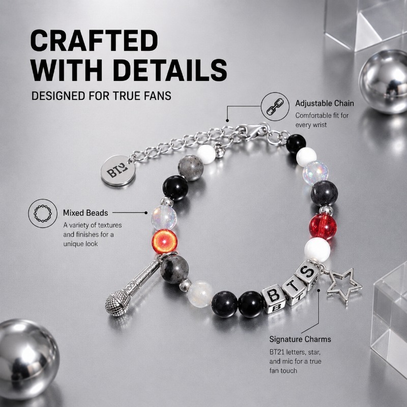 BT21 Black Red Beaded Bracelet - Jewelry Making Parts ulasan dan harga